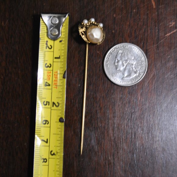 Vintage West Germany Gold-tone Stick Pin with Filigree & Faux Pearls - Picture 9 of 9